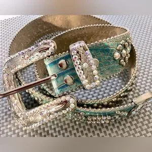 B B Simon Swarovski Crystal Adorned Reptilian Pattern Light Turquoise Belt M b.b. Simon 2182A86  main image 4